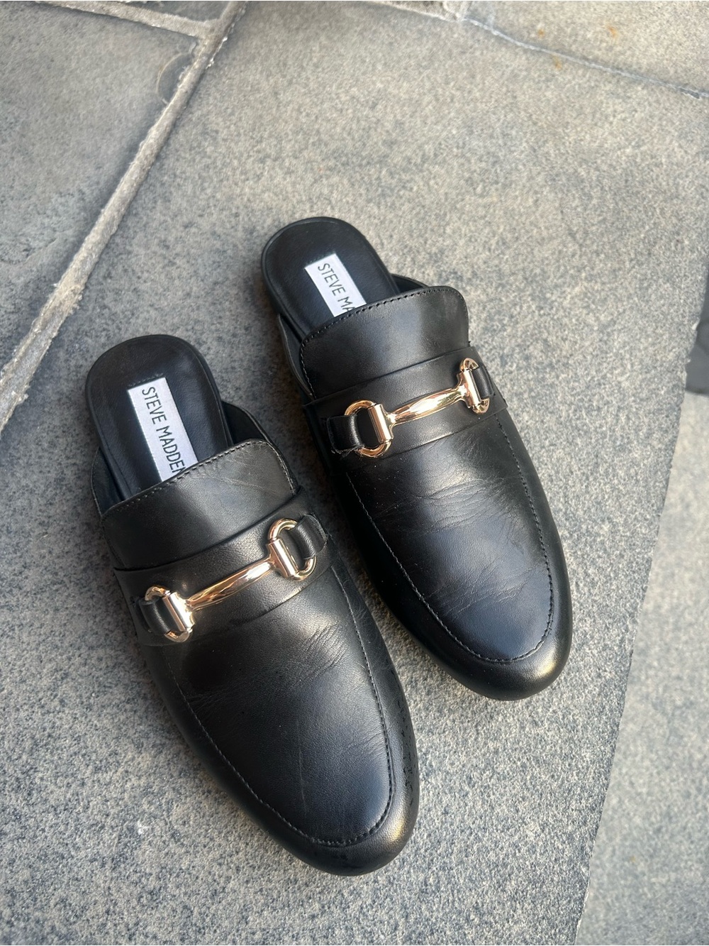 Steve Madden Black Leather Loafer Mules with Gold Bit size 6